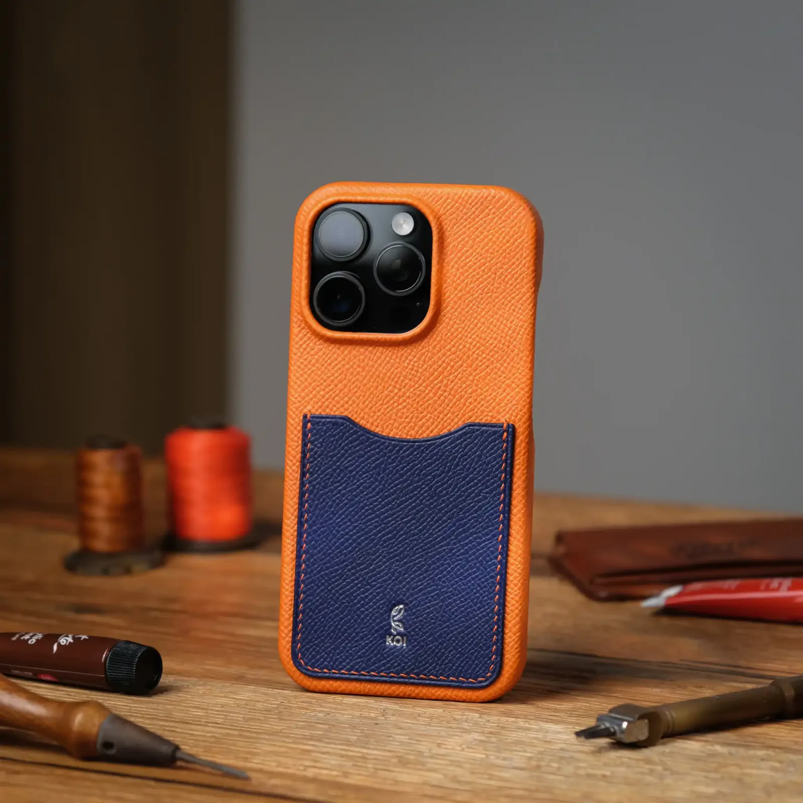 Phonecase ỐP Lưng IPhone 16Pro - Da Espom - Orange x Blue - KOI Leather