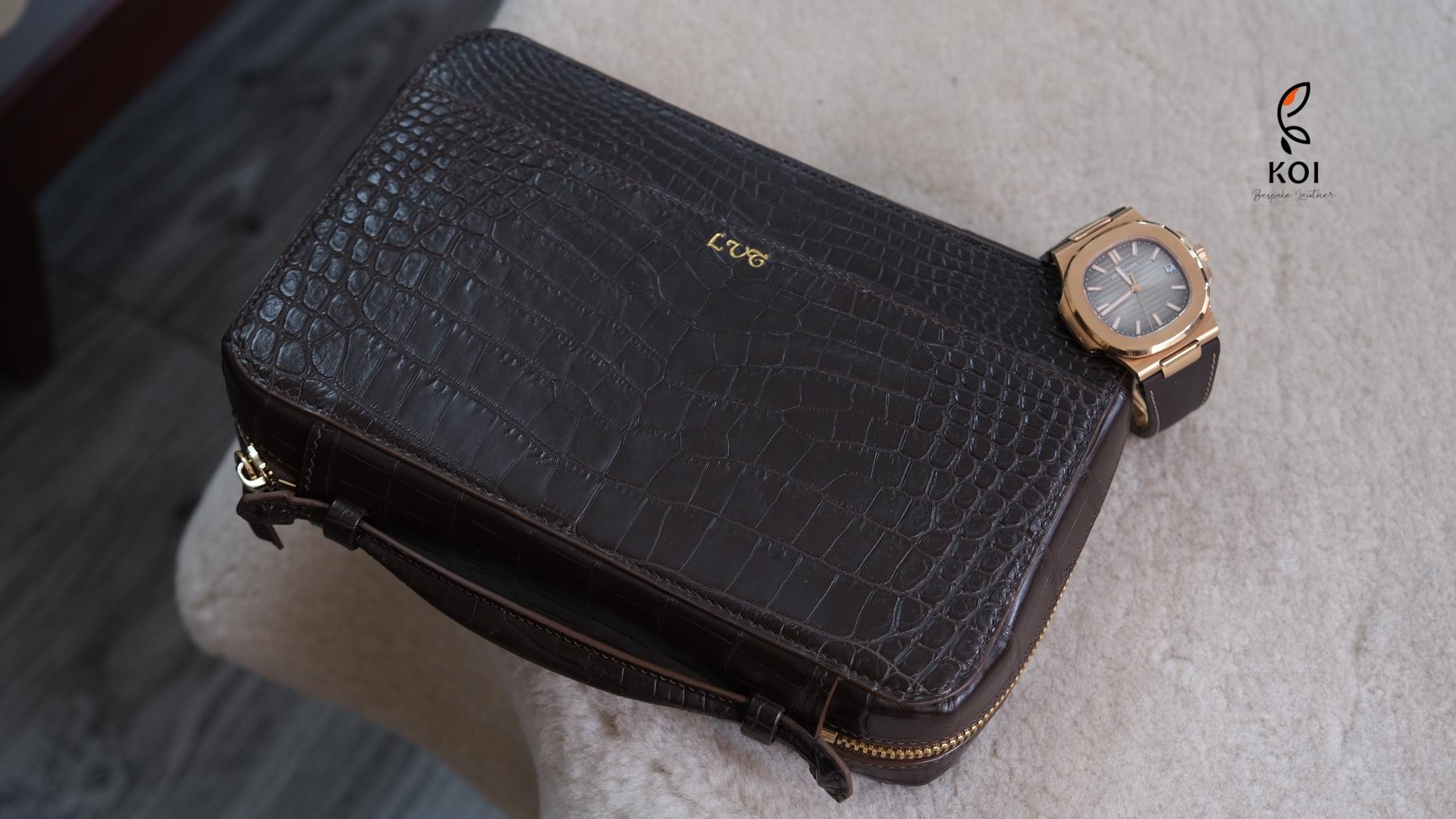 Túi Da Nam Alligator Africa Nâu Đỏ