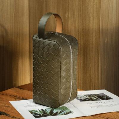 Woven Doppkit Túi Du Lịch Da Bò Nappa Olive