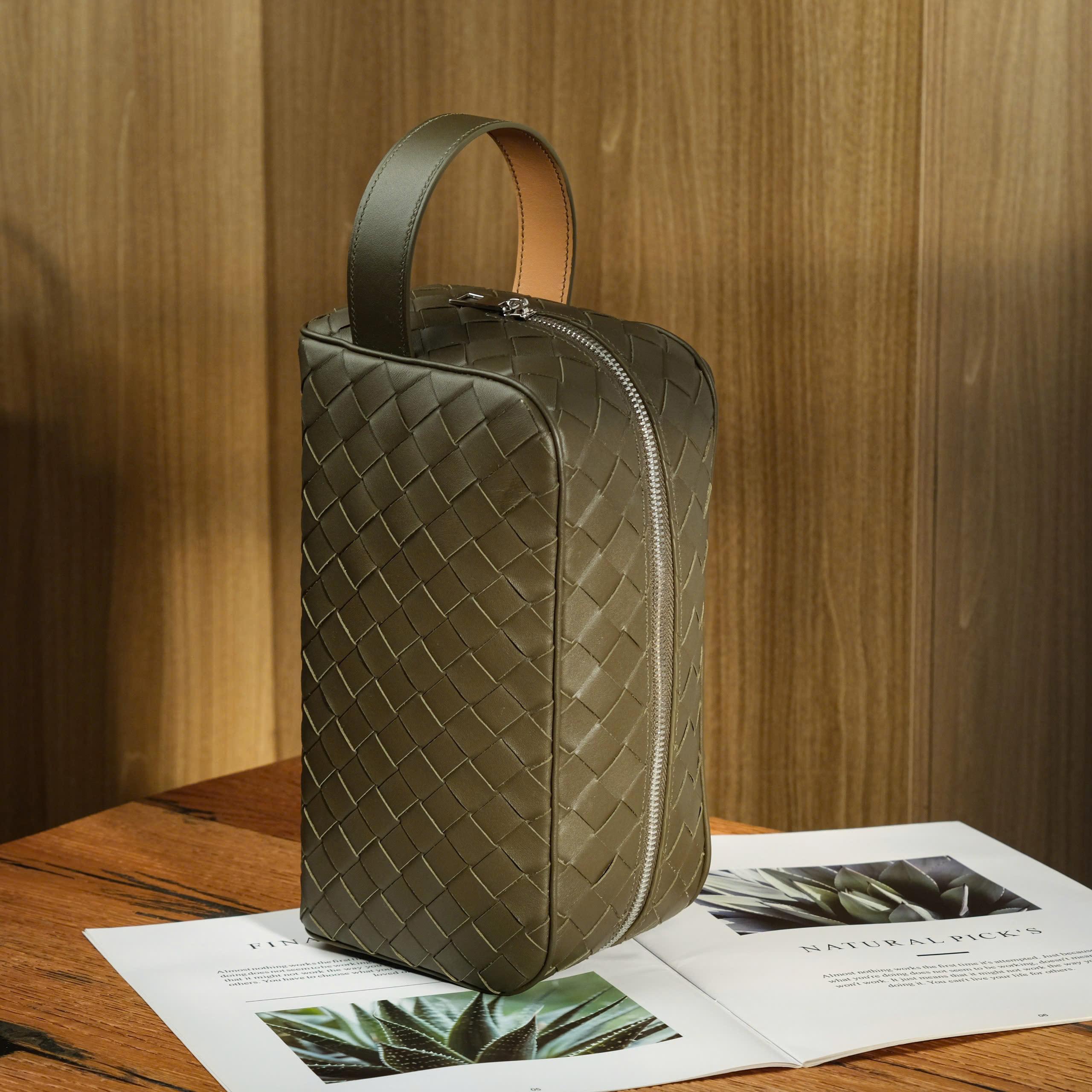 Woven Doppkit Túi Du Lịch Da Bò Nappa Olive