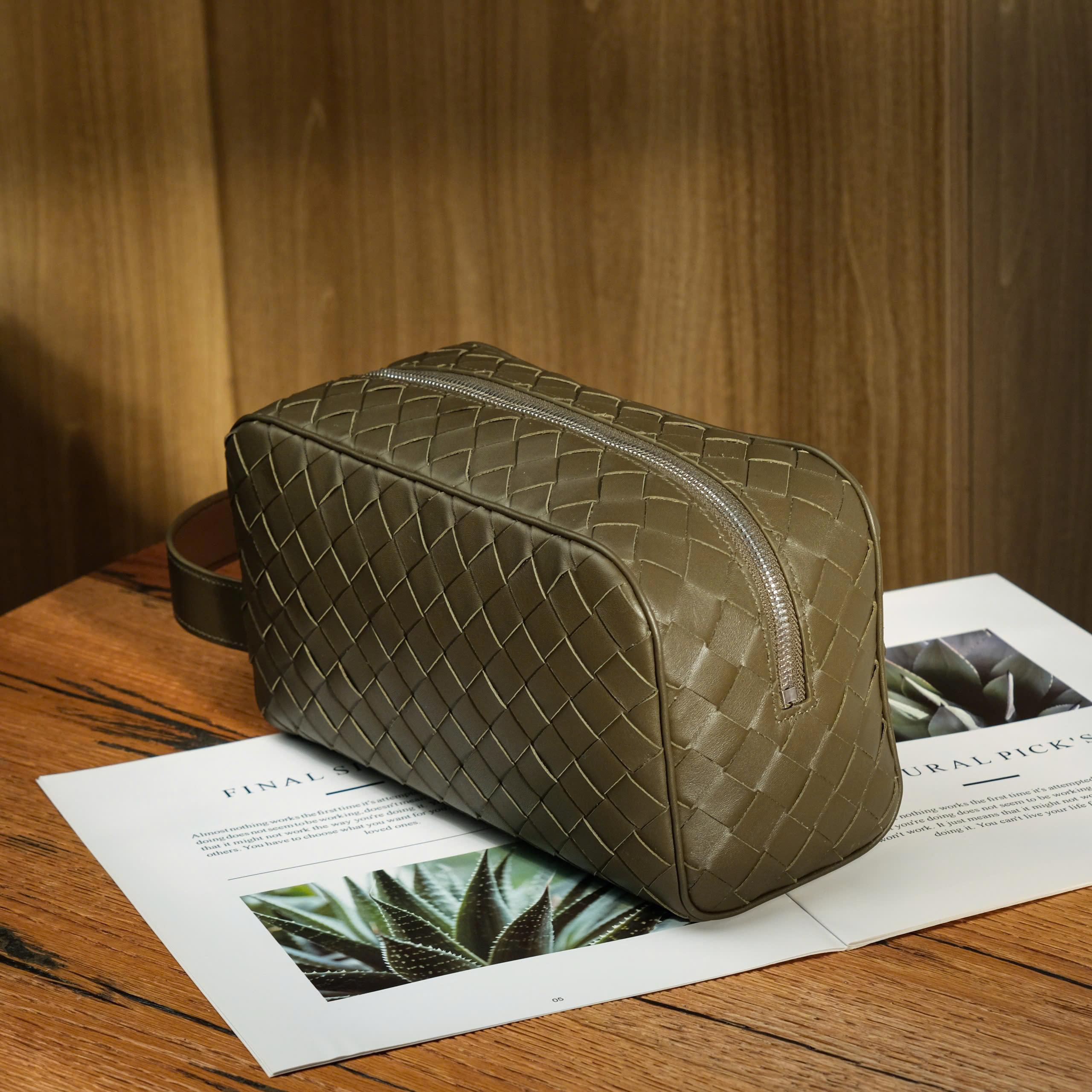 Woven Doppkit Túi Du Lịch Da Bò Nappa Olive