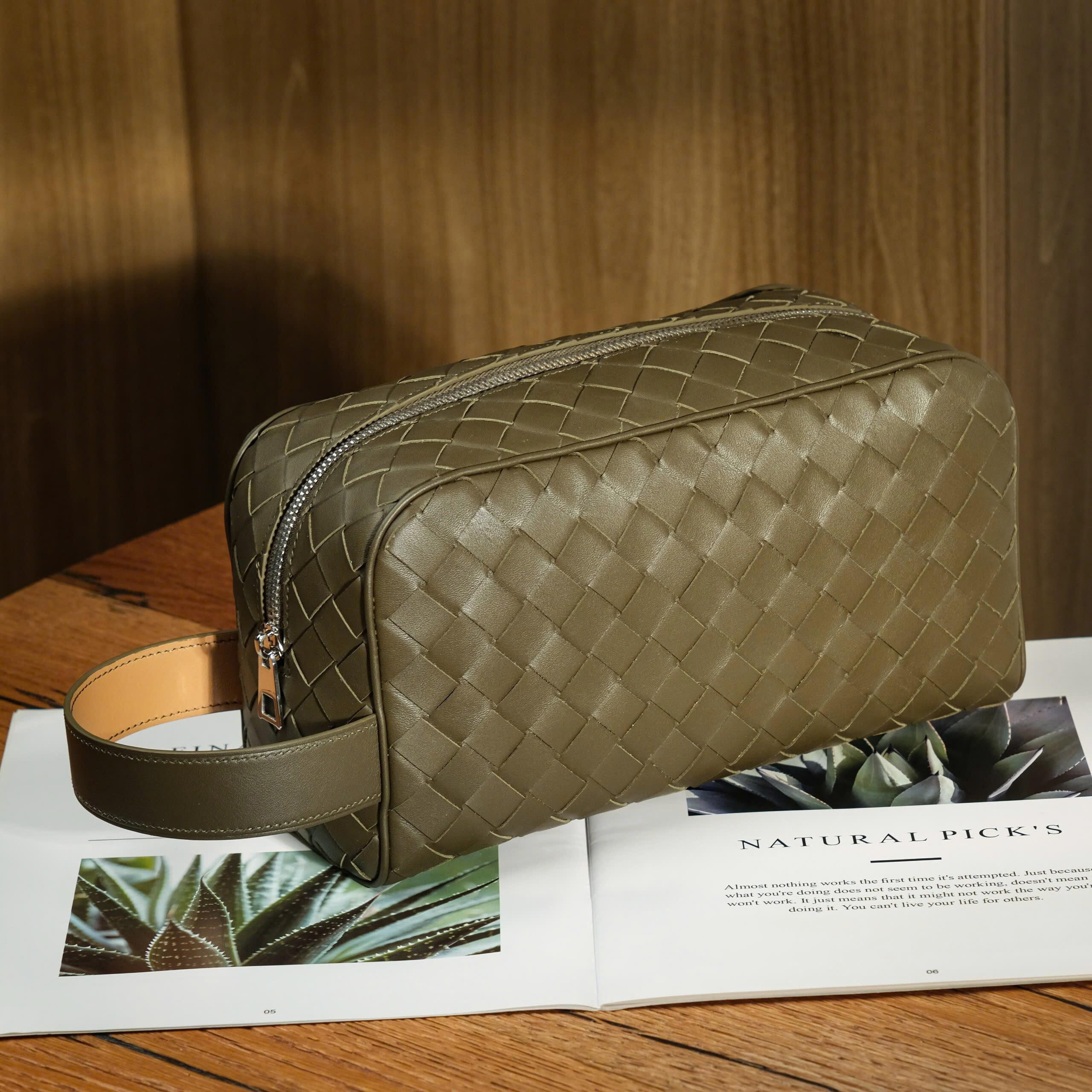 Woven Doppkit Túi Du Lịch Da Bò Nappa Olive