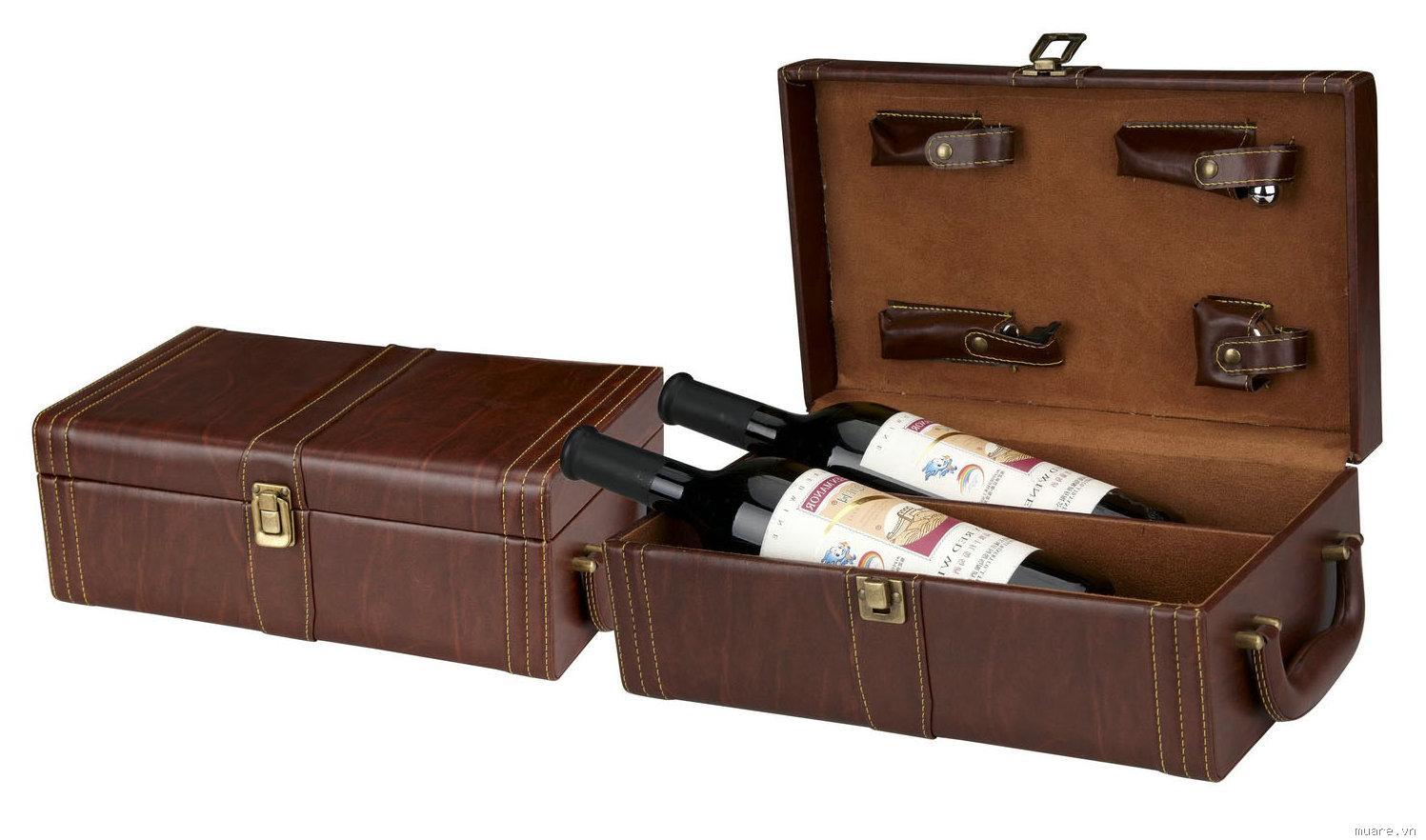 Hộp rượu vang gỗ bọc da