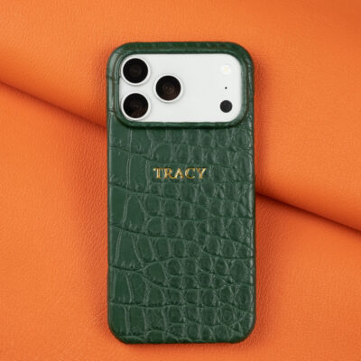 Ốp Lưng iPhone Da Cá Sấu Xanh Lá Đậm - Khắc Tên Mạ Vàng