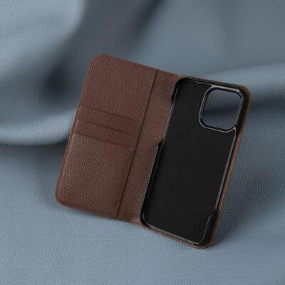 Bao Da iPhone Dạng Gập Da Bò Vân Chevre Nâu