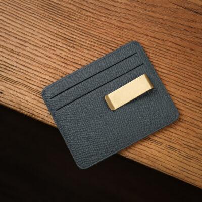 Card Holder Da Epsom Xám Xanh Kèm Kẹp Tiền Đồng